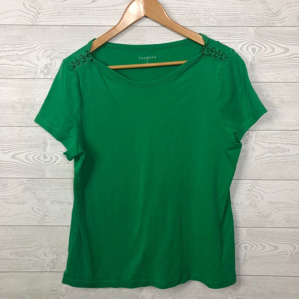 Talbots Women's XL Short Sleeve Tee Shirt Lace Shoulder Detail 100% Cotton Green